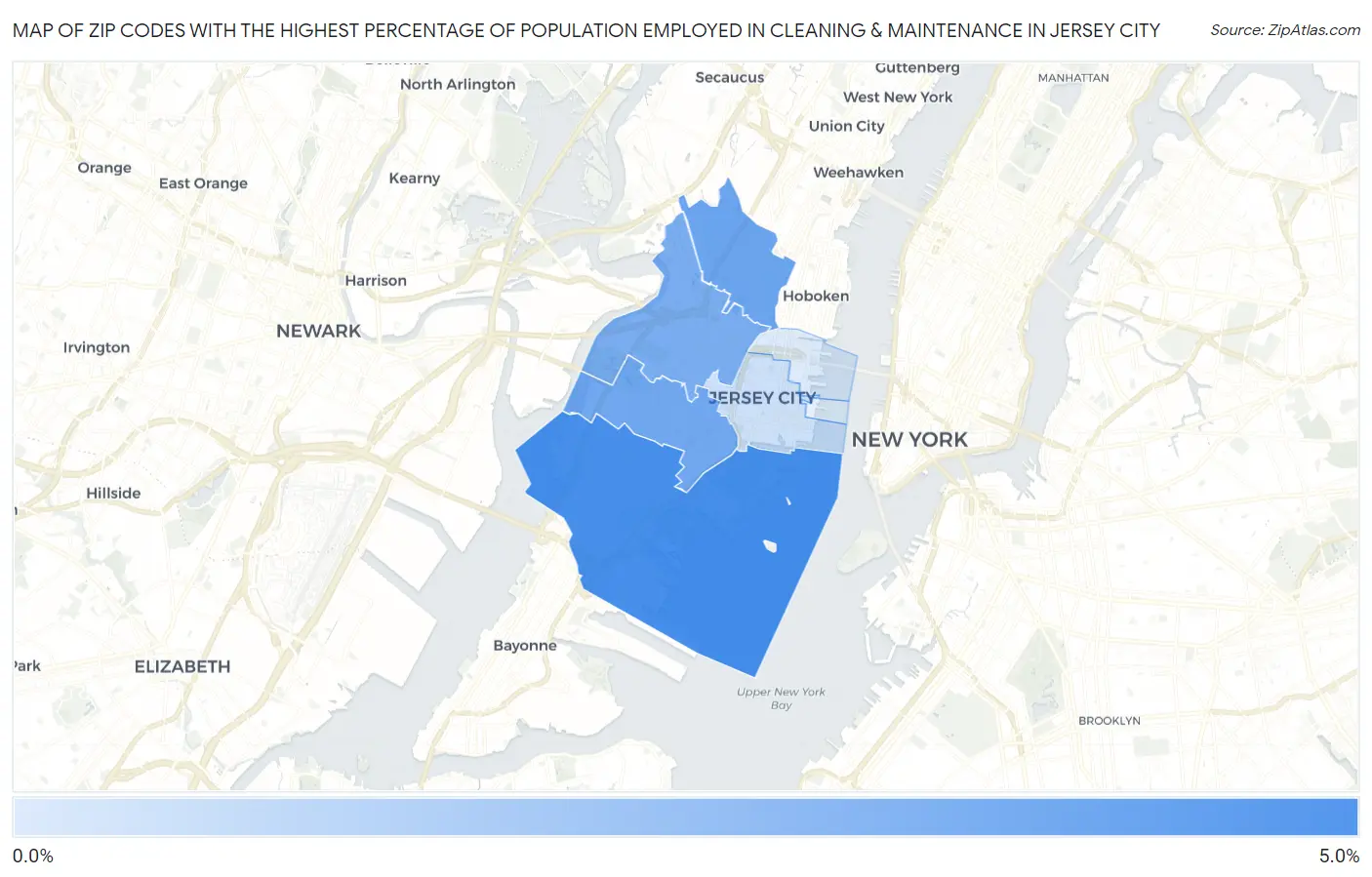 Zip Codes with the Highest Percentage of Population Employed in Cleaning & Maintenance in Jersey City Map