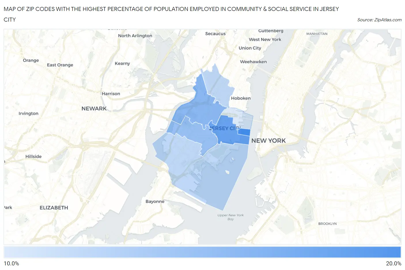 Zip Codes with the Highest Percentage of Population Employed in Community & Social Service  in Jersey City Map
