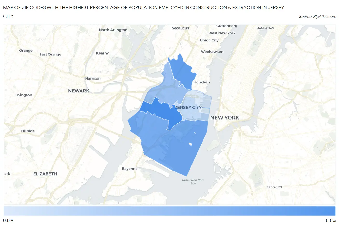 Zip Codes with the Highest Percentage of Population Employed in Construction & Extraction in Jersey City Map