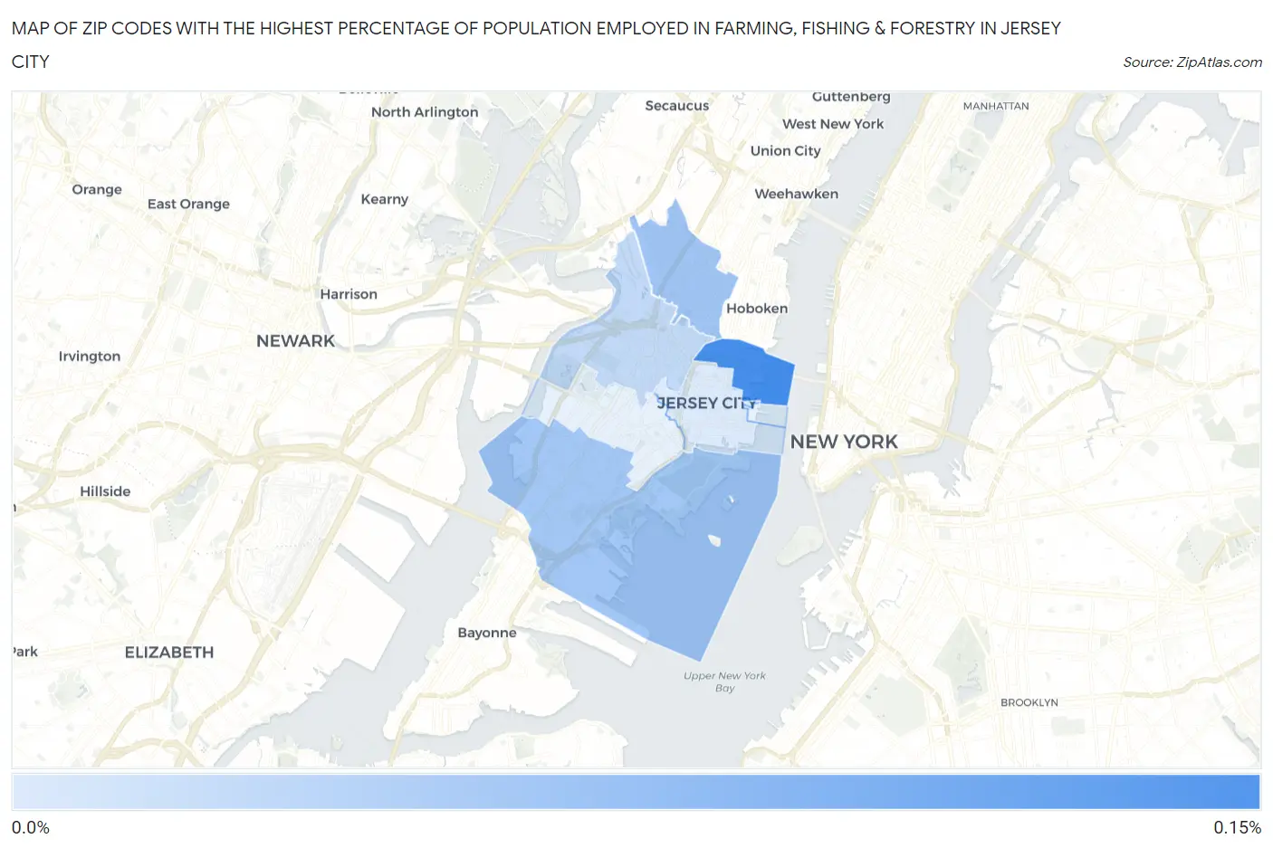 Zip Codes with the Highest Percentage of Population Employed in Farming, Fishing & Forestry in Jersey City Map