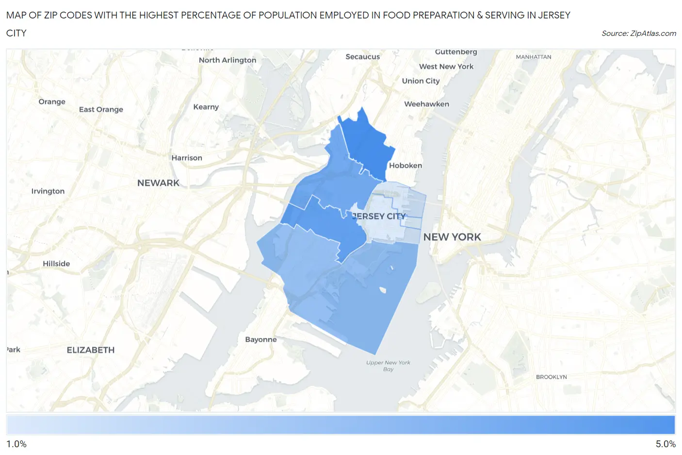 Zip Codes with the Highest Percentage of Population Employed in Food Preparation & Serving in Jersey City Map