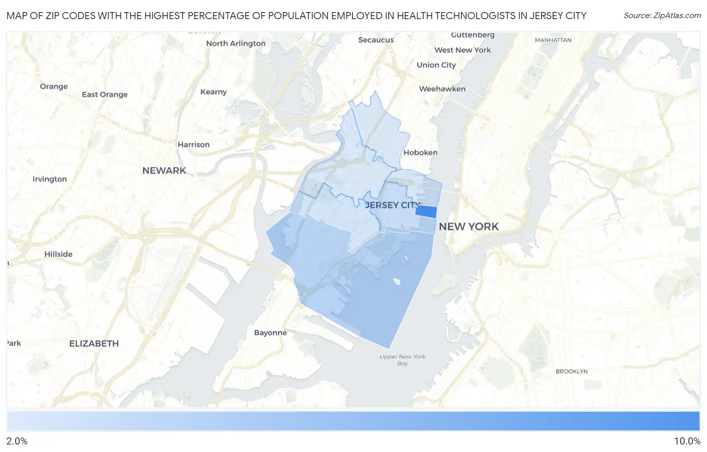 Zip Codes with the Highest Percentage of Population Employed in Health Technologists in Jersey City Map