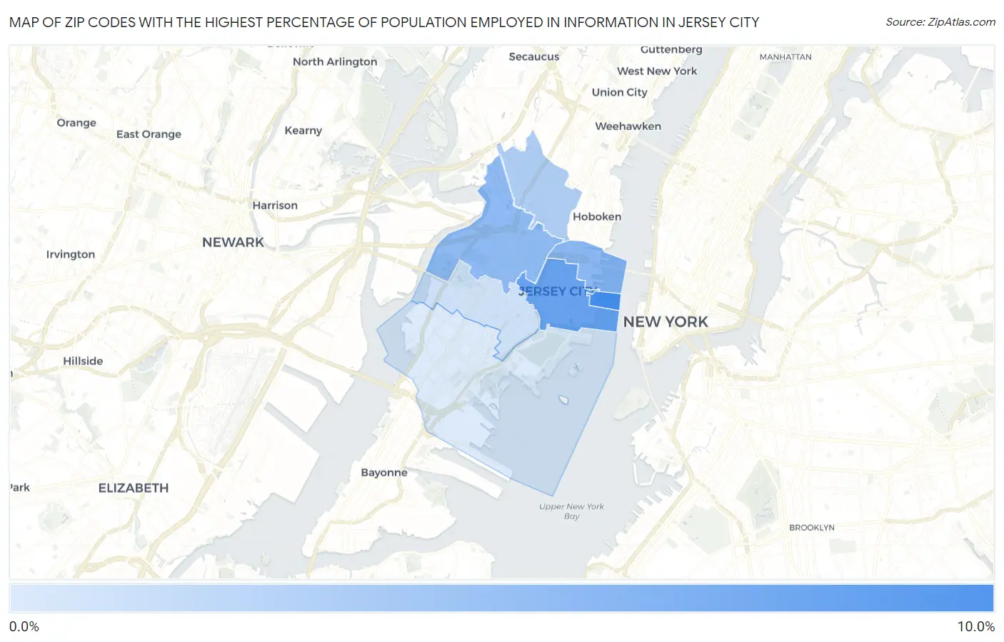 Zip Codes with the Highest Percentage of Population Employed in Information in Jersey City Map