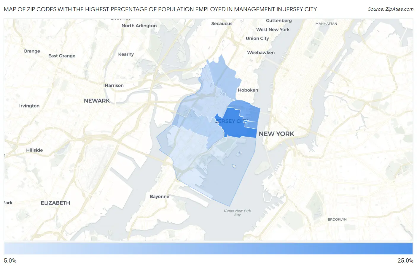 Zip Codes with the Highest Percentage of Population Employed in Management in Jersey City Map