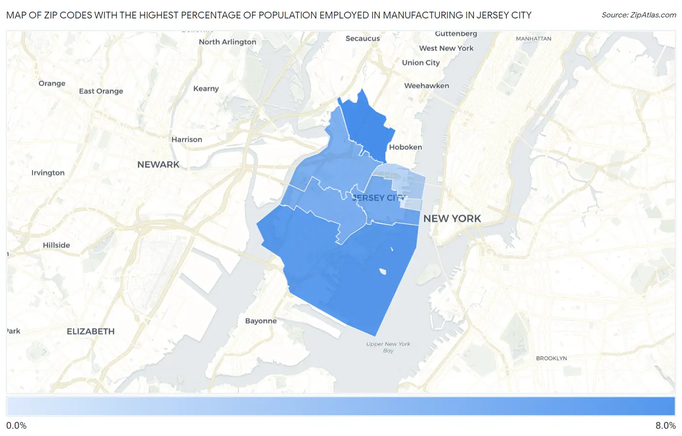 Zip Codes with the Highest Percentage of Population Employed in Manufacturing in Jersey City Map