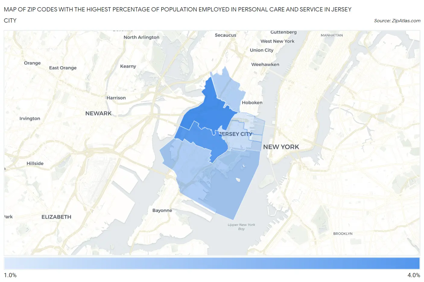 Zip Codes with the Highest Percentage of Population Employed in Personal Care and Service in Jersey City Map