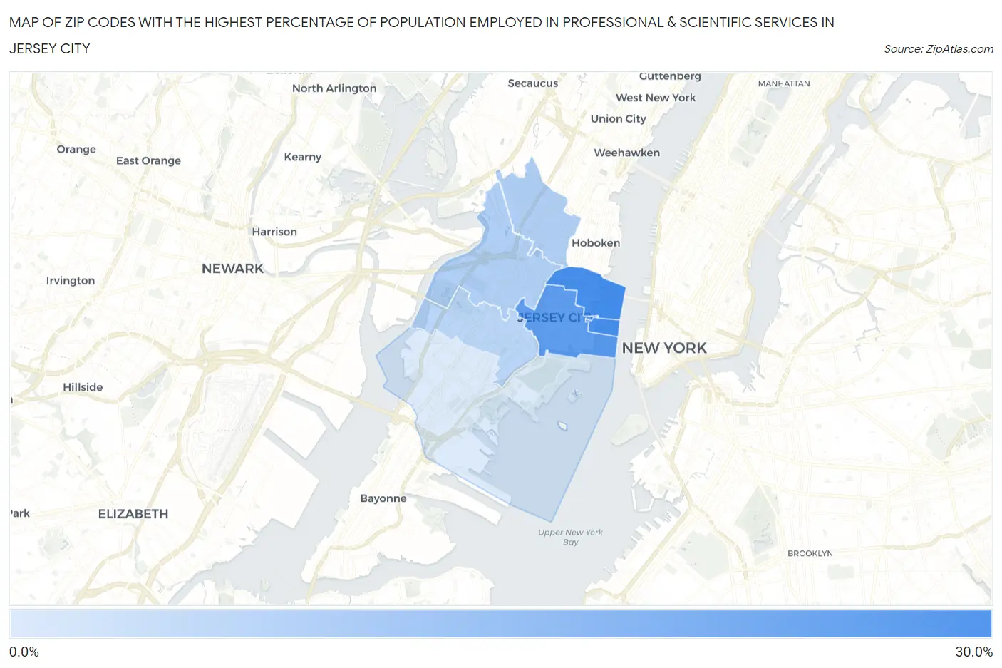 Zip Codes with the Highest Percentage of Population Employed in Professional & Scientific Services in Jersey City Map