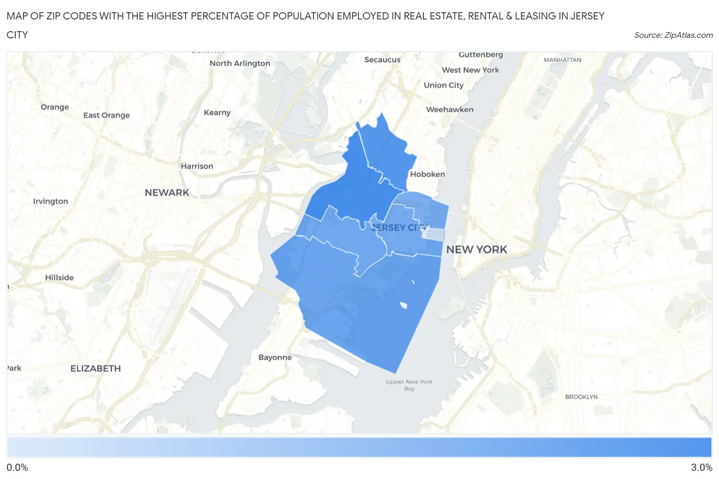 Zip Codes with the Highest Percentage of Population Employed in Real Estate, Rental & Leasing in Jersey City Map