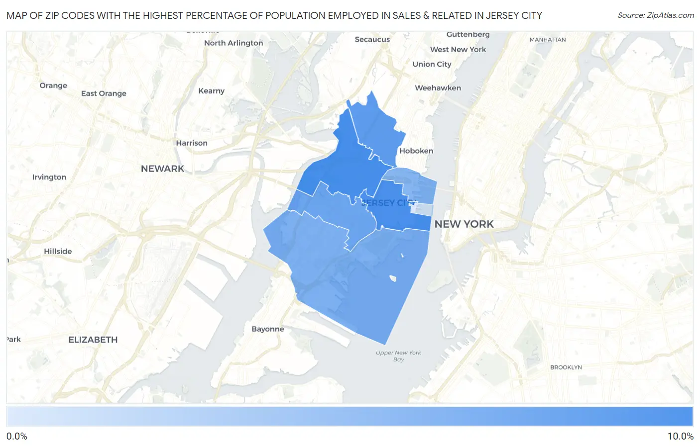Zip Codes with the Highest Percentage of Population Employed in Sales & Related in Jersey City Map