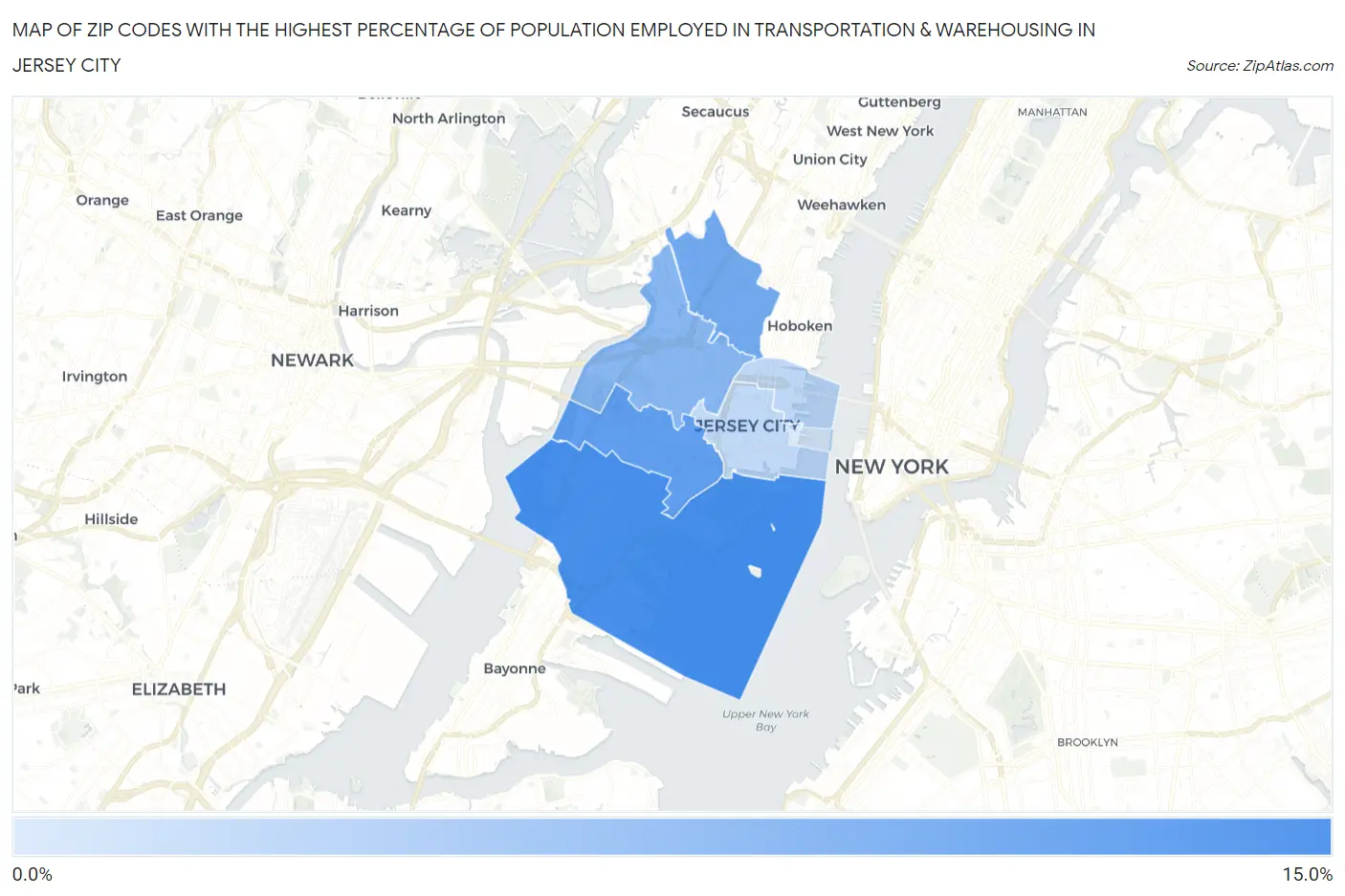 Zip Codes with the Highest Percentage of Population Employed in Transportation & Warehousing in Jersey City Map