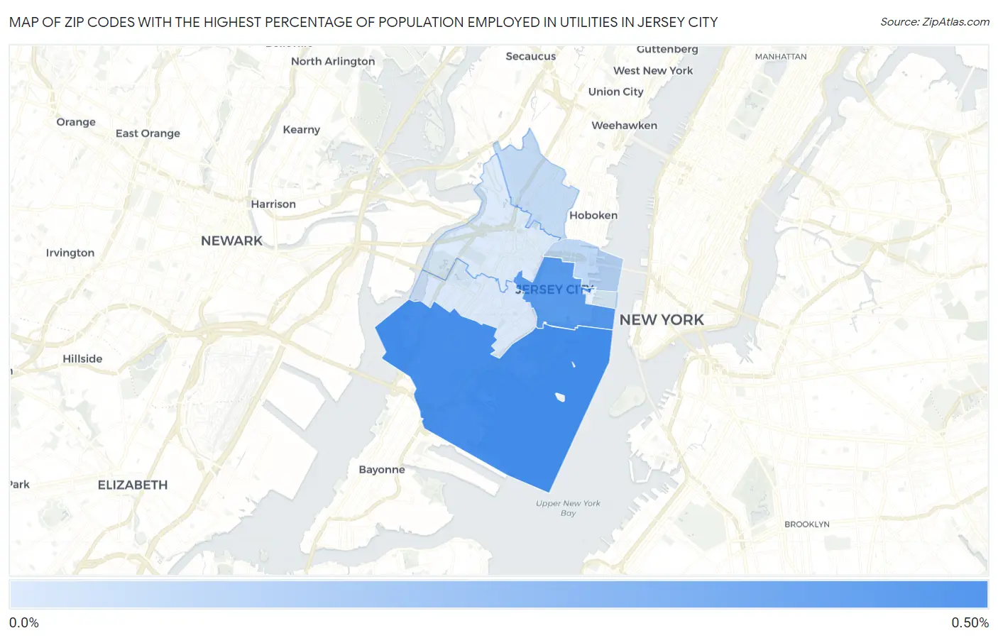 Zip Codes with the Highest Percentage of Population Employed in Utilities in Jersey City Map
