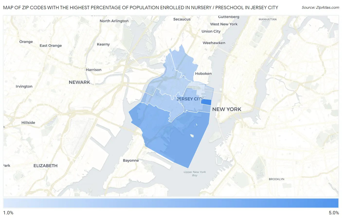 Zip Codes with the Highest Percentage of Population Enrolled in Nursery / Preschool in Jersey City Map