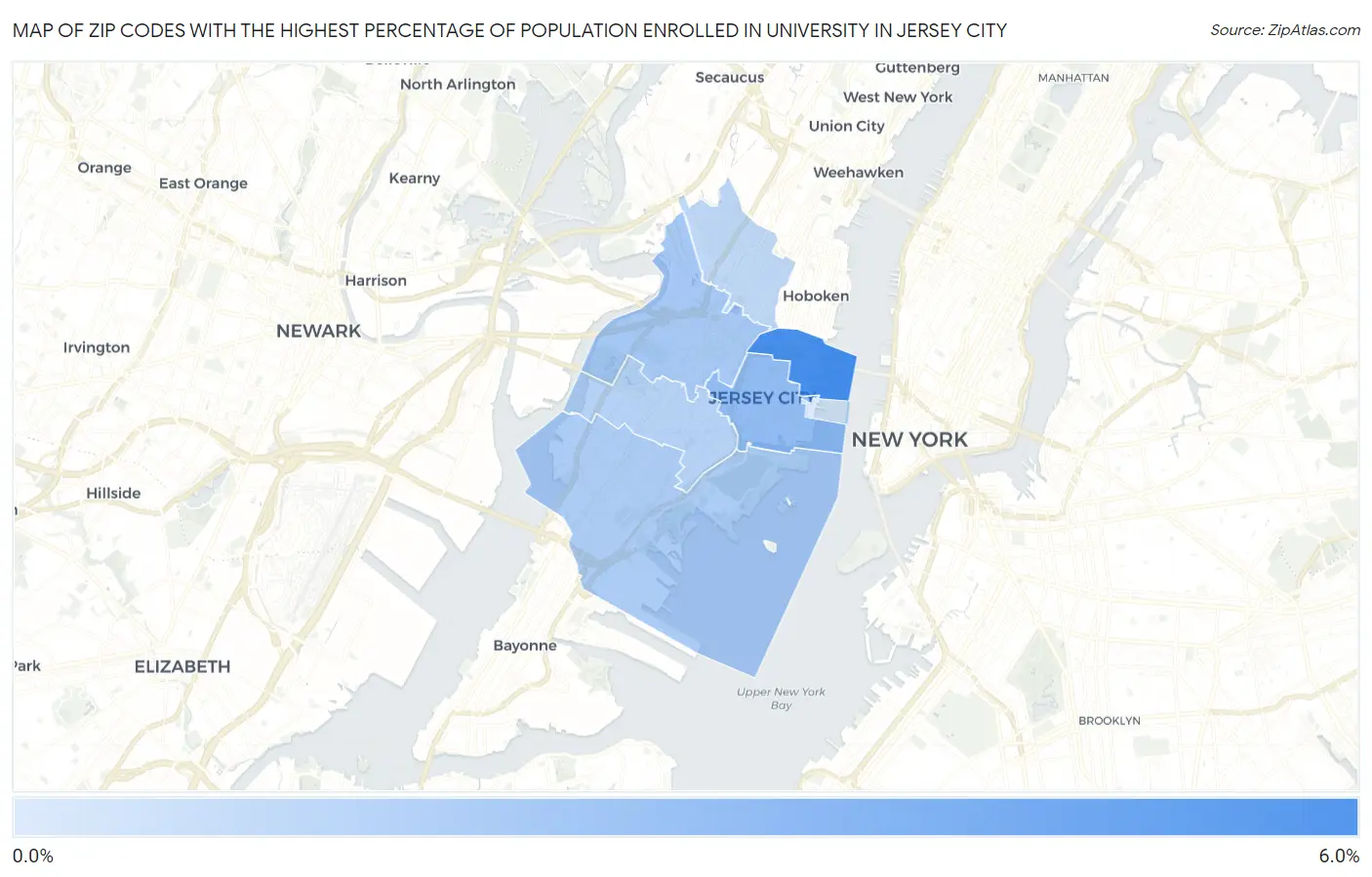 Zip Codes with the Highest Percentage of Population Enrolled in University in Jersey City Map