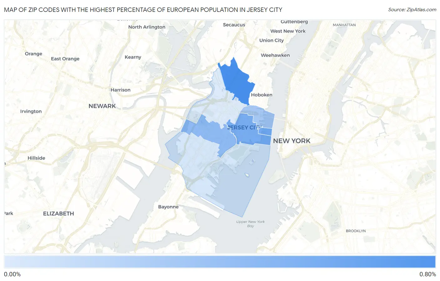 Zip Codes with the Highest Percentage of European Population in Jersey City Map