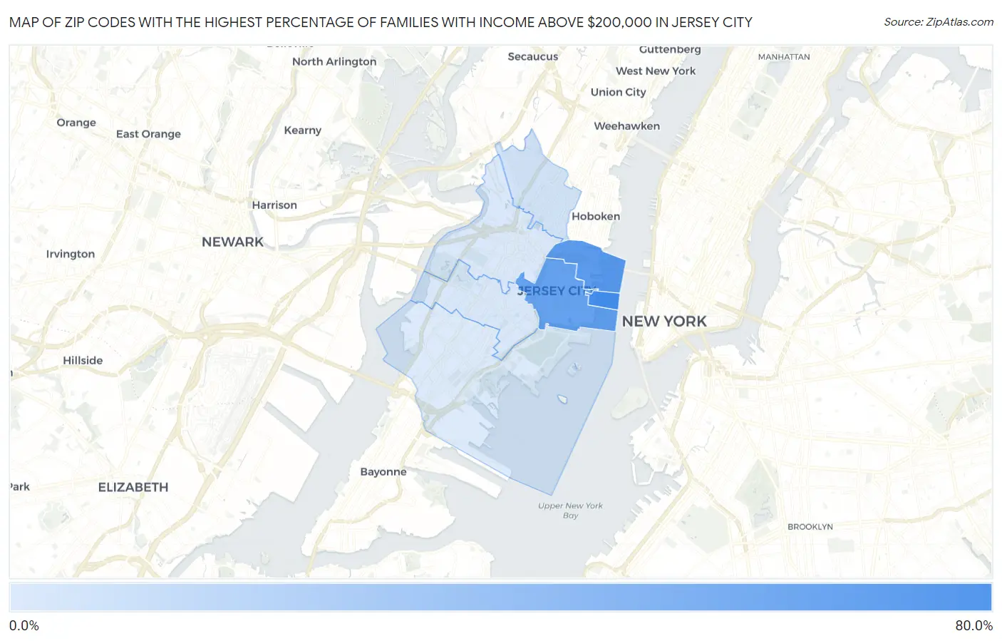 Zip Codes with the Highest Percentage of Families with Income Above $200,000 in Jersey City Map