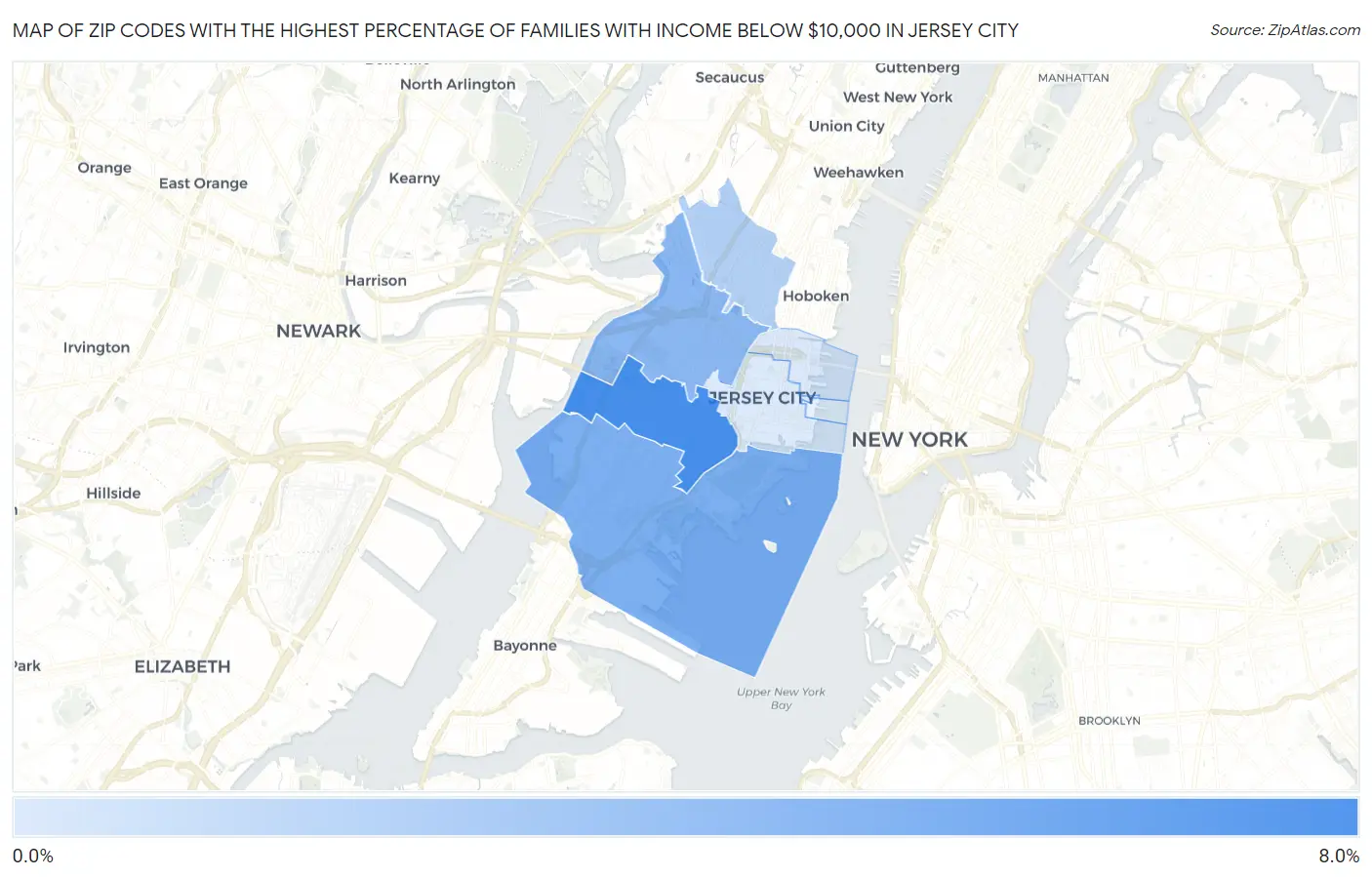 Zip Codes with the Highest Percentage of Families with Income Below $10,000 in Jersey City Map