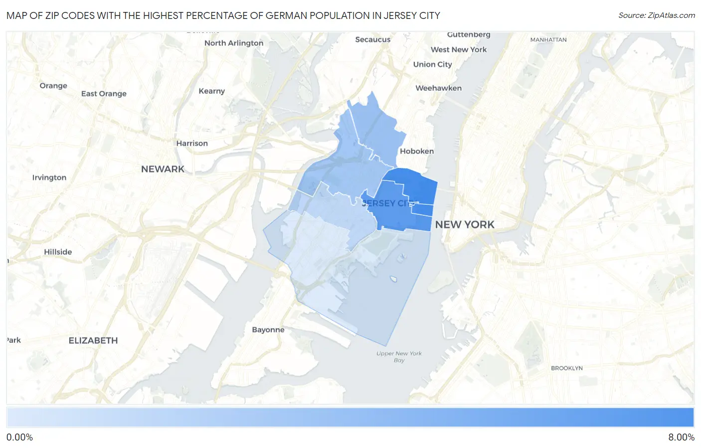 Zip Codes with the Highest Percentage of German Population in Jersey City Map