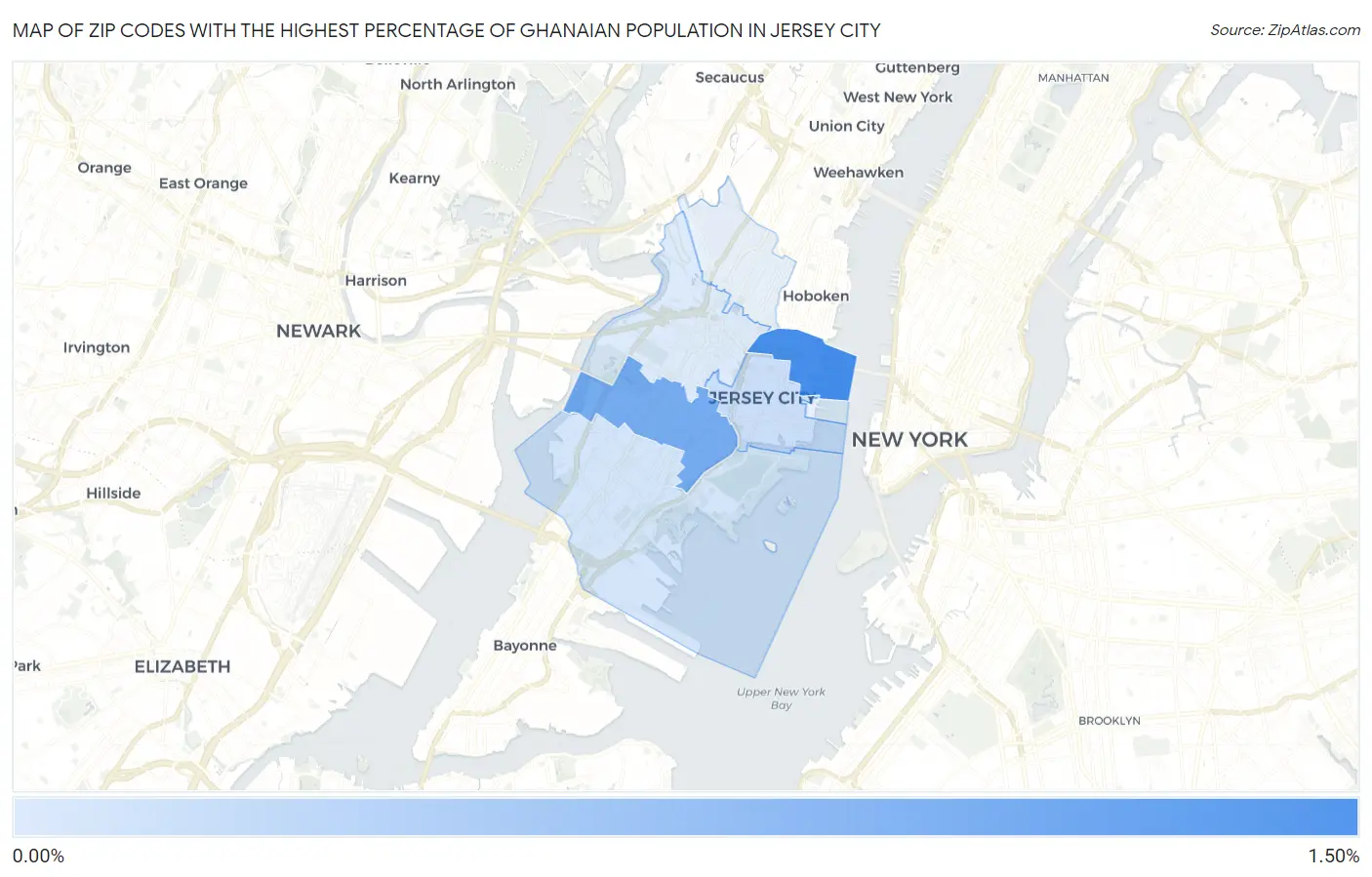 Zip Codes with the Highest Percentage of Ghanaian Population in Jersey City Map
