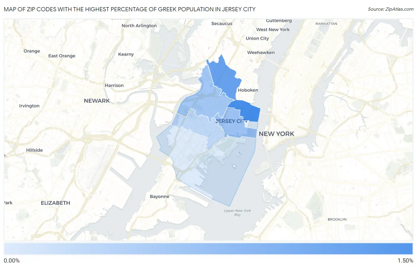 Zip Codes with the Highest Percentage of Greek Population in Jersey City Map