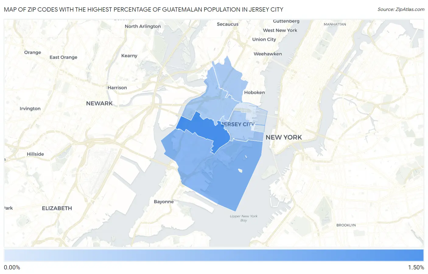 Zip Codes with the Highest Percentage of Guatemalan Population in Jersey City Map