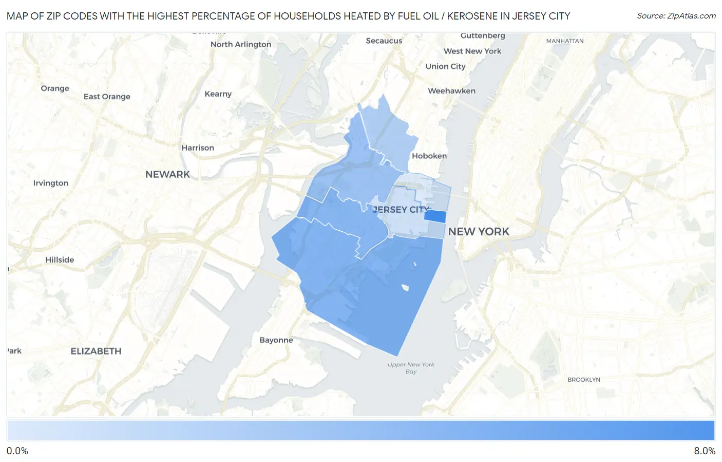 Zip Codes with the Highest Percentage of Households Heated by Fuel Oil / Kerosene in Jersey City Map