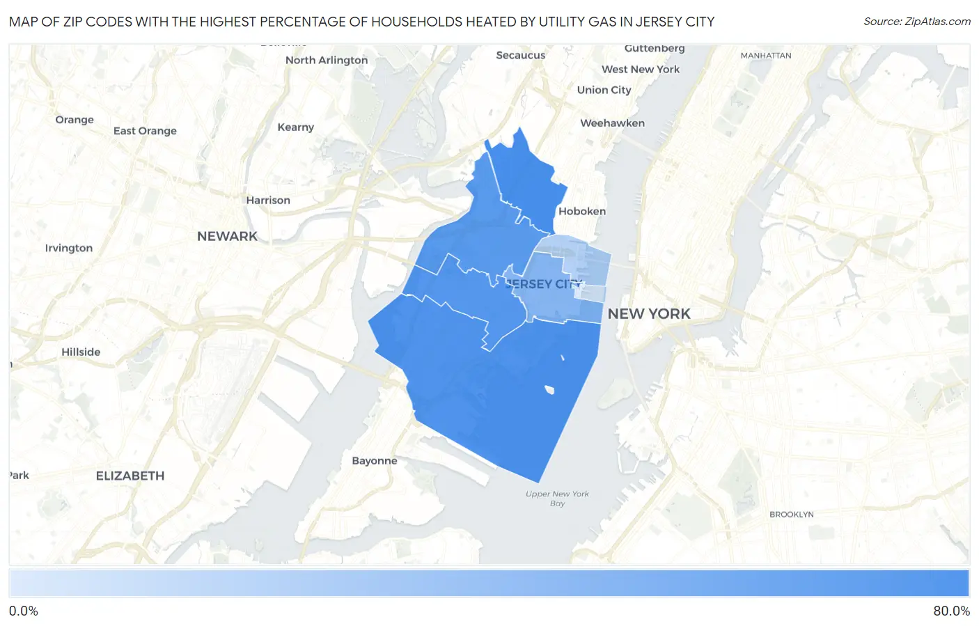 Zip Codes with the Highest Percentage of Households Heated by Utility Gas in Jersey City Map