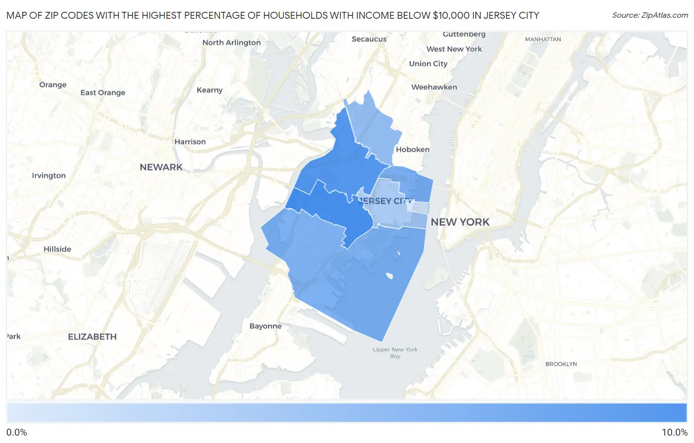 Zip Codes with the Highest Percentage of Households with Income Below $10,000 in Jersey City Map