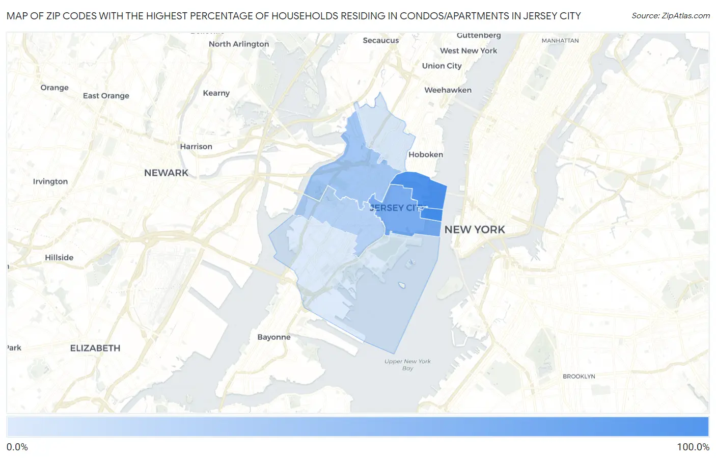 Zip Codes with the Highest Percentage of Households Residing in Condos/Apartments in Jersey City Map