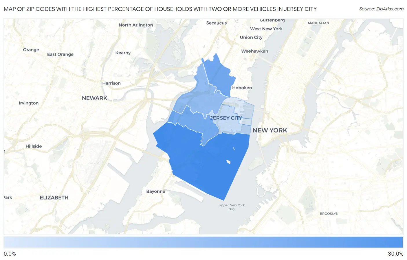 Zip Codes with the Highest Percentage of Households With Two or more Vehicles in Jersey City Map