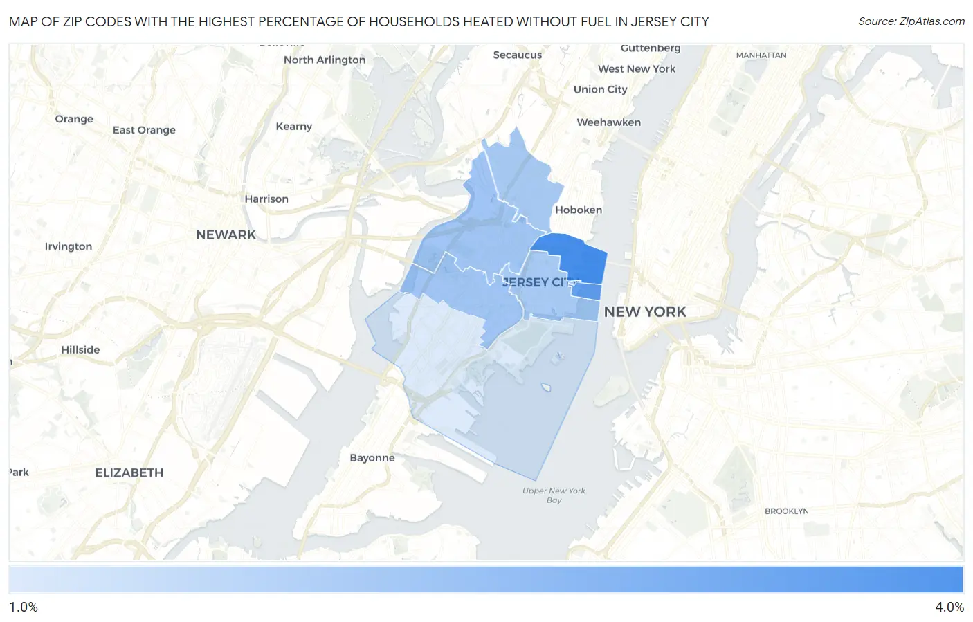 Zip Codes with the Highest Percentage of Households Heated without Fuel in Jersey City Map