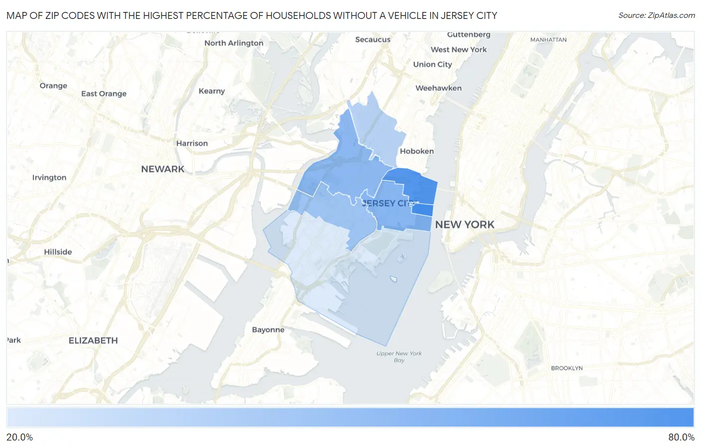 Zip Codes with the Highest Percentage of Households Without a Vehicle in Jersey City Map