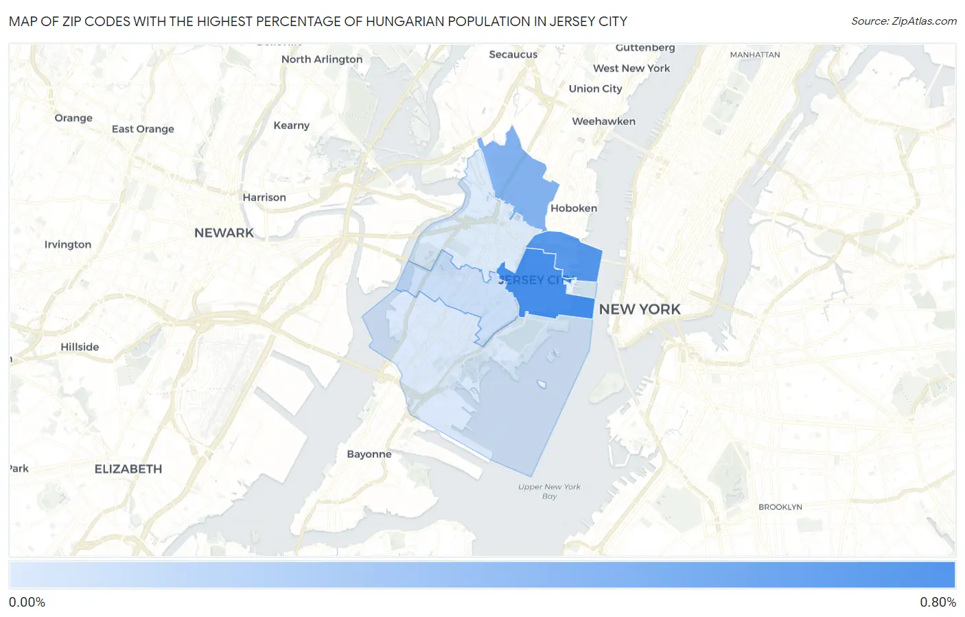 Zip Codes with the Highest Percentage of Hungarian Population in Jersey City Map