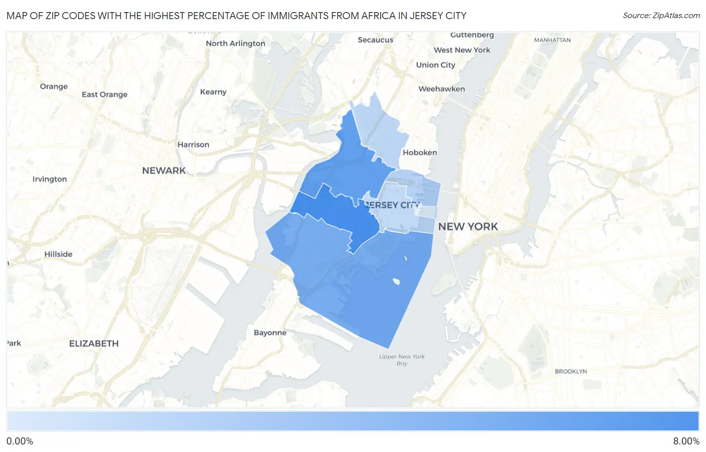 Zip Codes with the Highest Percentage of Immigrants from Africa in Jersey City Map