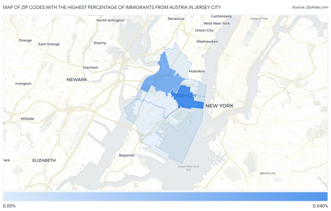 Zip Codes with the Highest Percentage of Immigrants from Austria in Jersey City Map