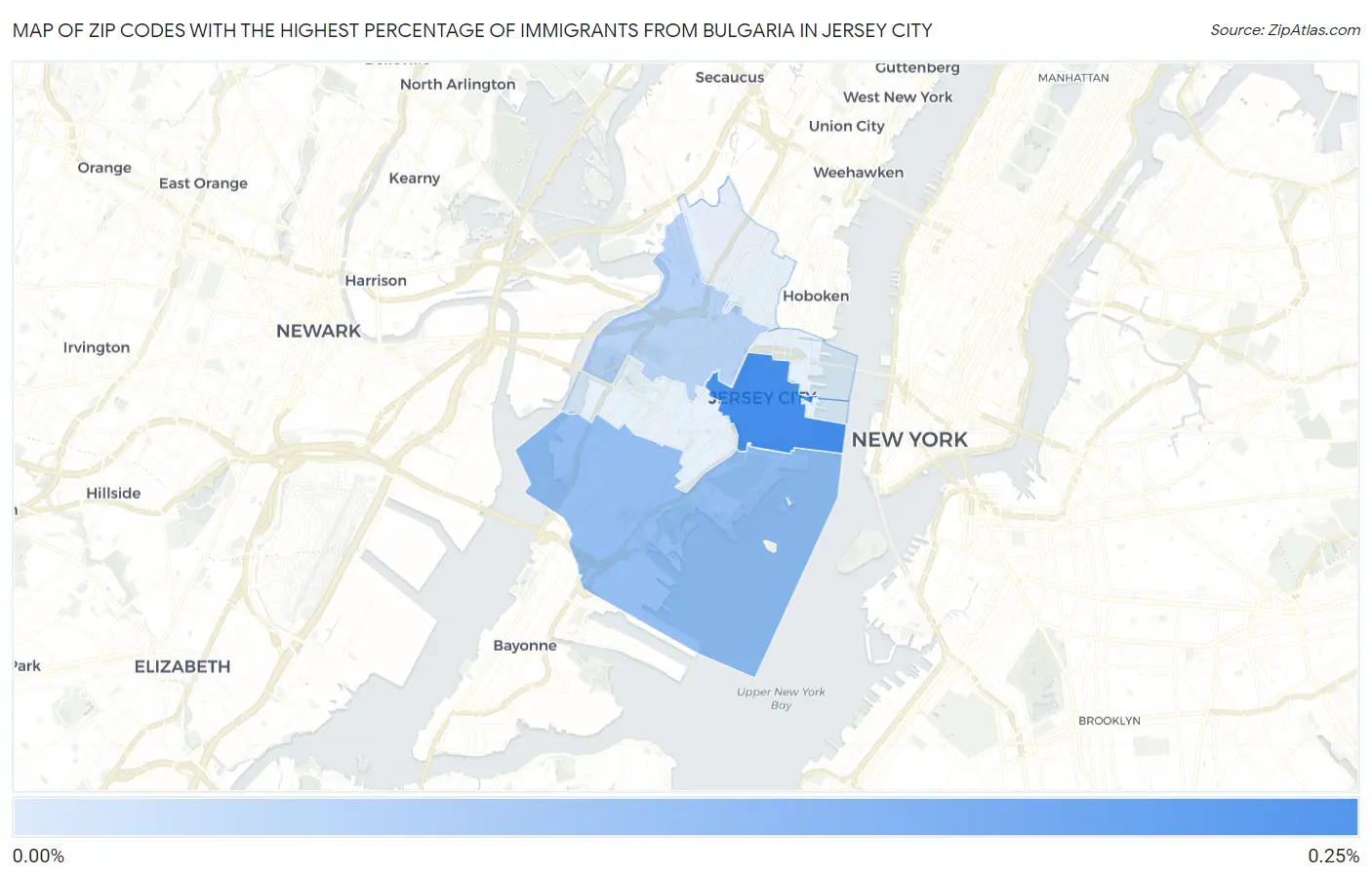 Zip Codes with the Highest Percentage of Immigrants from Bulgaria in Jersey City Map