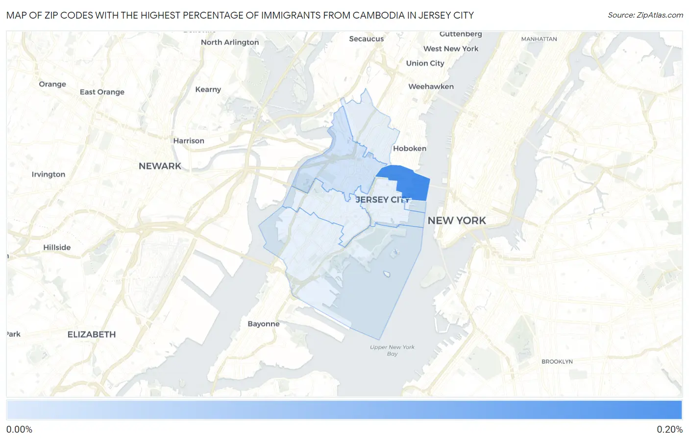 Zip Codes with the Highest Percentage of Immigrants from Cambodia in Jersey City Map
