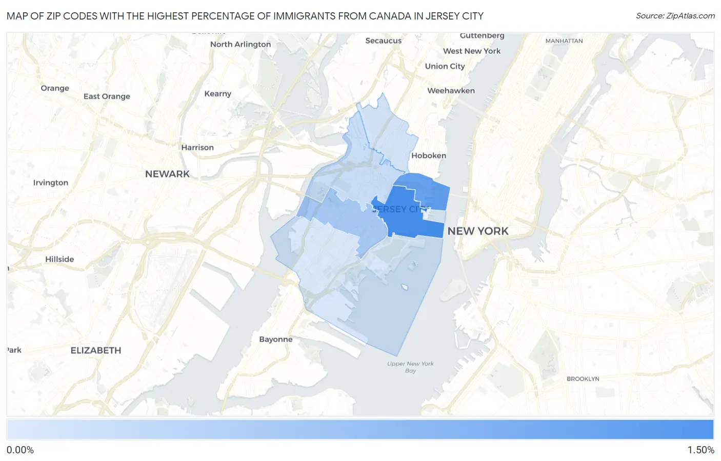 Zip Codes with the Highest Percentage of Immigrants from Canada in Jersey City Map