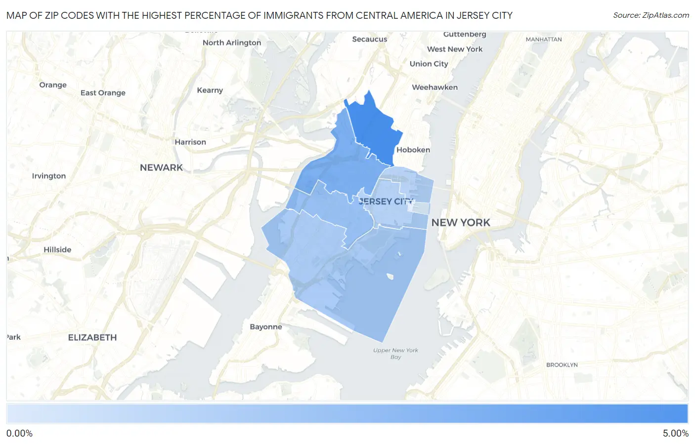 Zip Codes with the Highest Percentage of Immigrants from Central America in Jersey City Map