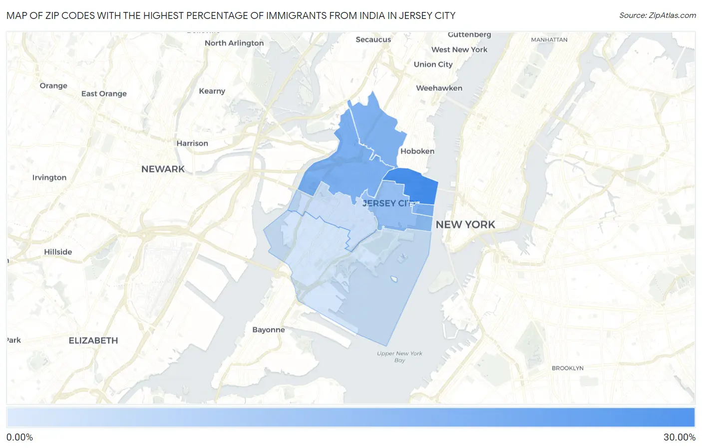 Zip Codes with the Highest Percentage of Immigrants from India in Jersey City Map