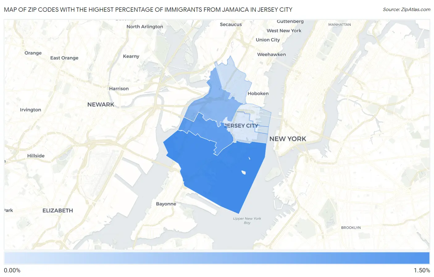 Zip Codes with the Highest Percentage of Immigrants from Jamaica in Jersey City Map