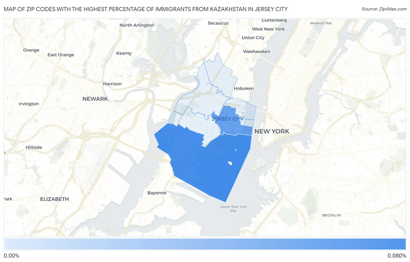 Zip Codes with the Highest Percentage of Immigrants from Kazakhstan in Jersey City Map
