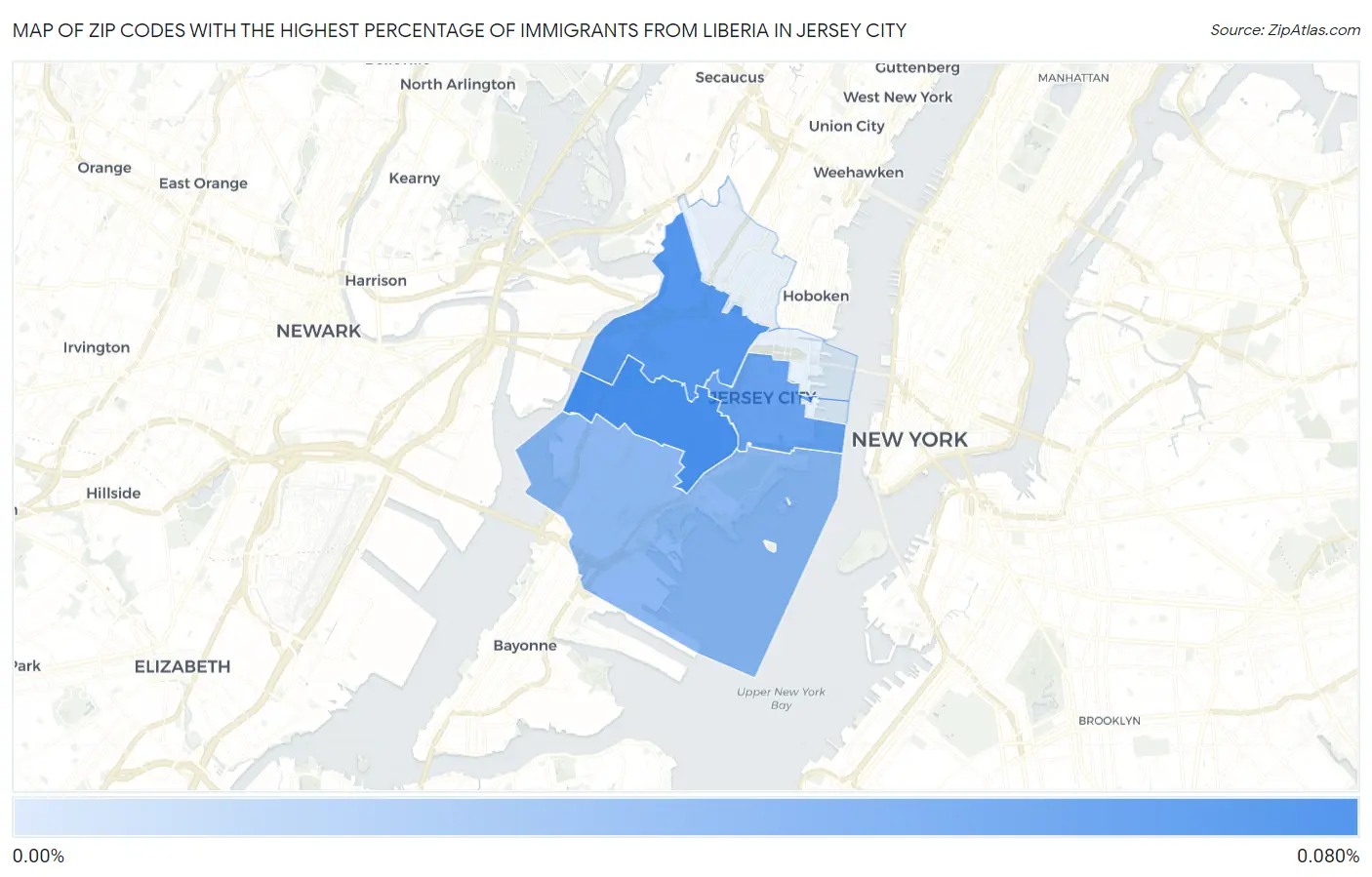 Zip Codes with the Highest Percentage of Immigrants from Liberia in Jersey City Map