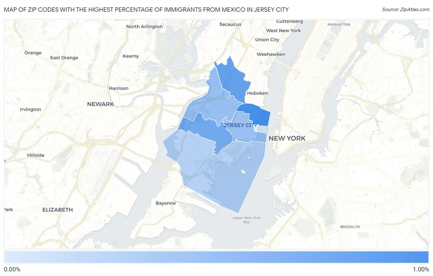 Zip Codes with the Highest Percentage of Immigrants from Mexico in Jersey City Map