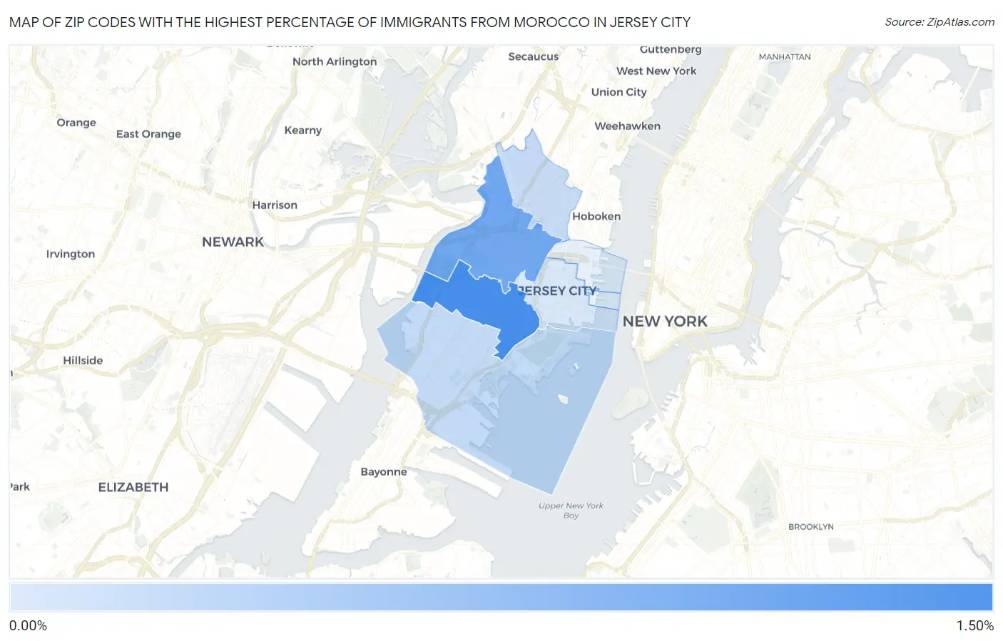 Zip Codes with the Highest Percentage of Immigrants from Morocco in Jersey City Map