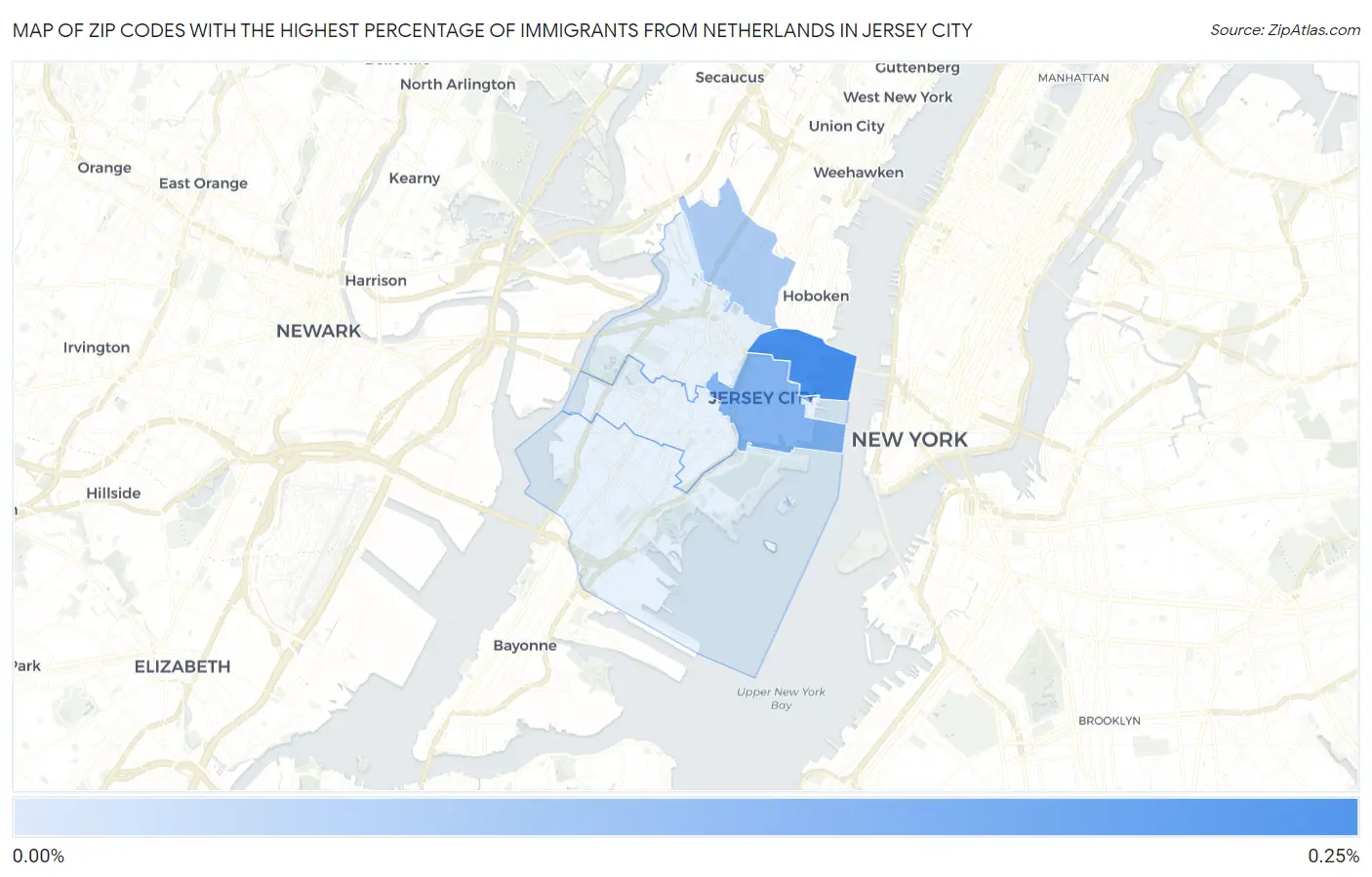 Zip Codes with the Highest Percentage of Immigrants from Netherlands in Jersey City Map