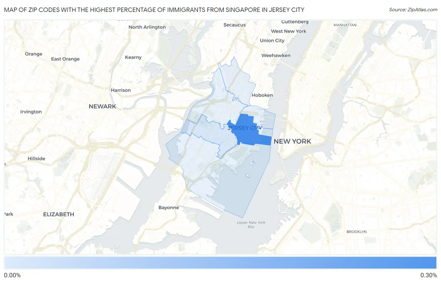 Zip Codes with the Highest Percentage of Immigrants from Singapore in Jersey City Map