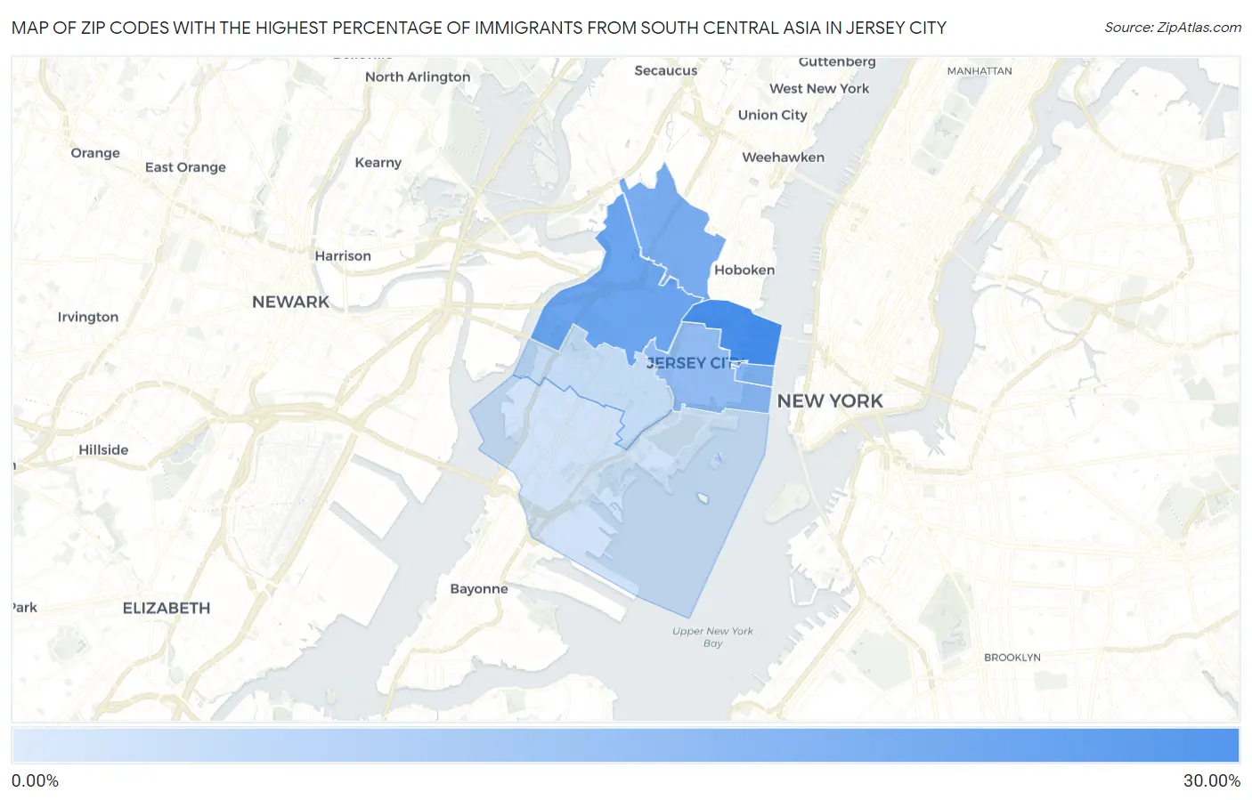 Zip Codes with the Highest Percentage of Immigrants from South Central Asia in Jersey City Map