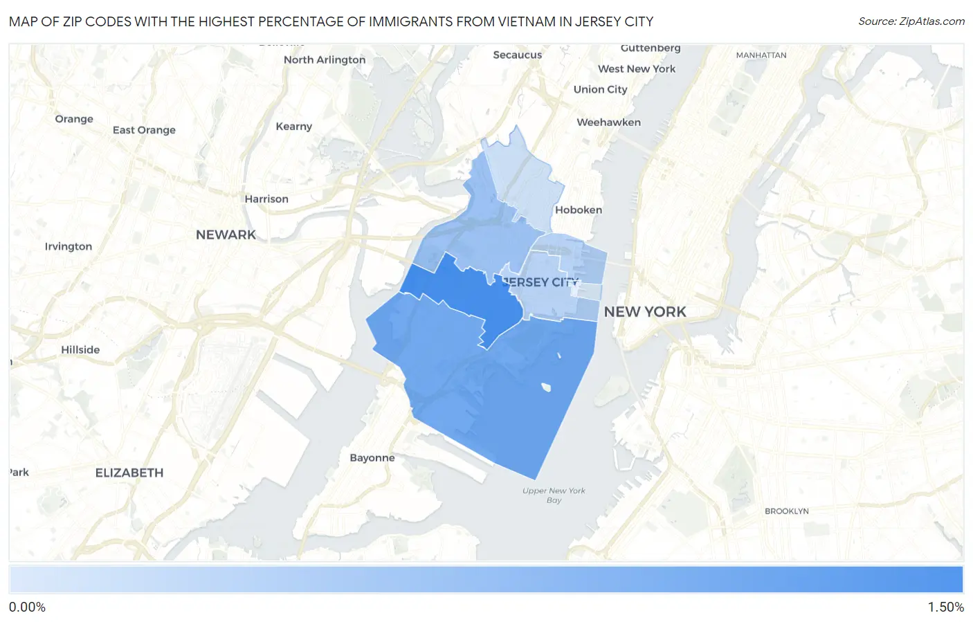 Zip Codes with the Highest Percentage of Immigrants from Vietnam in Jersey City Map