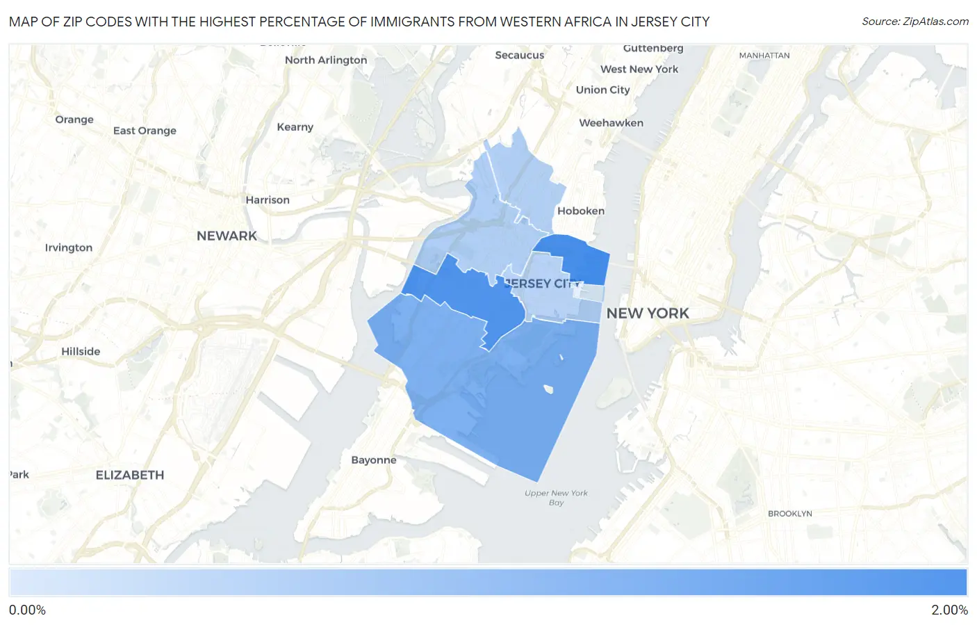 Zip Codes with the Highest Percentage of Immigrants from Western Africa in Jersey City Map