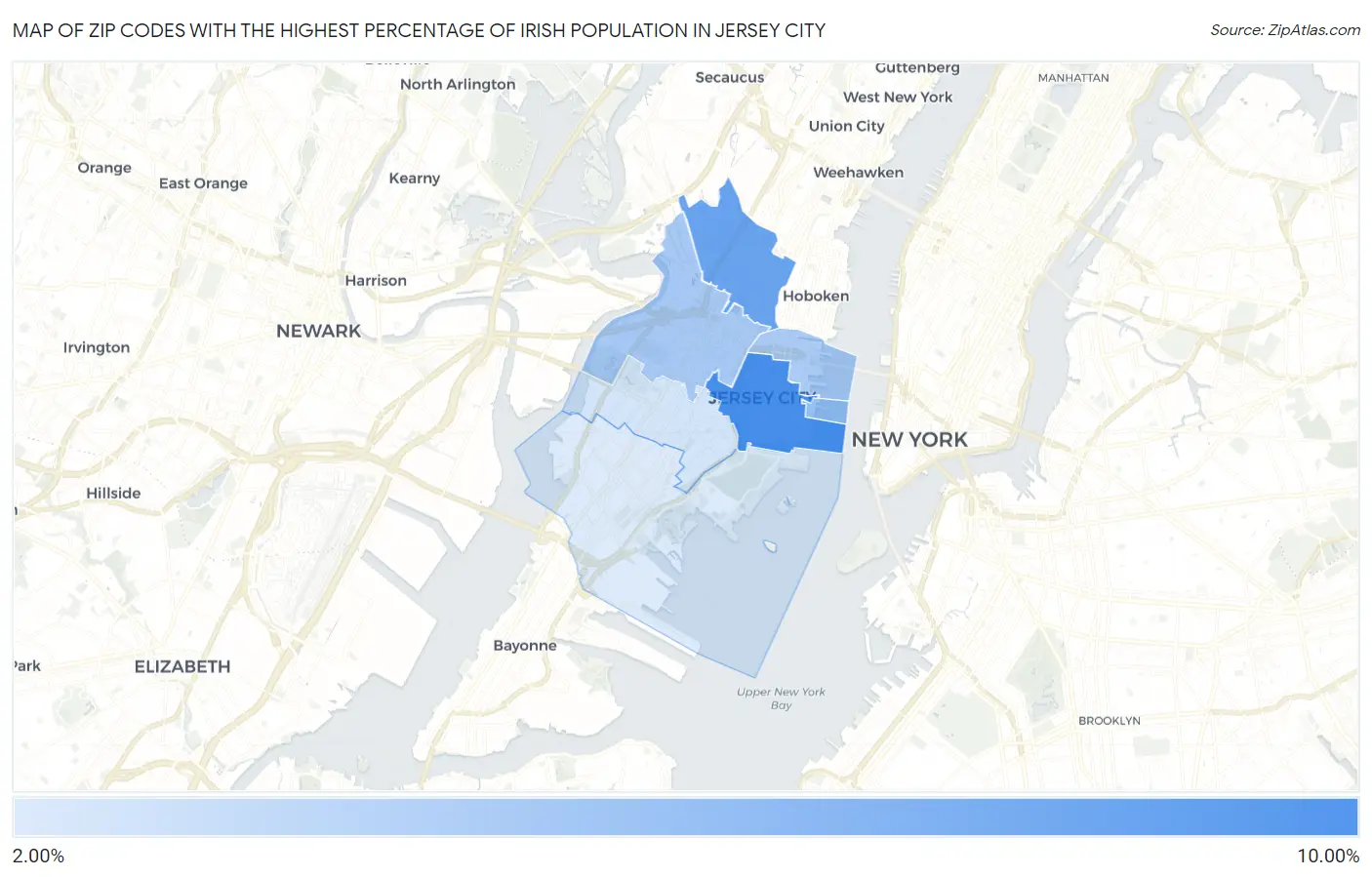 Zip Codes with the Highest Percentage of Irish Population in Jersey City Map